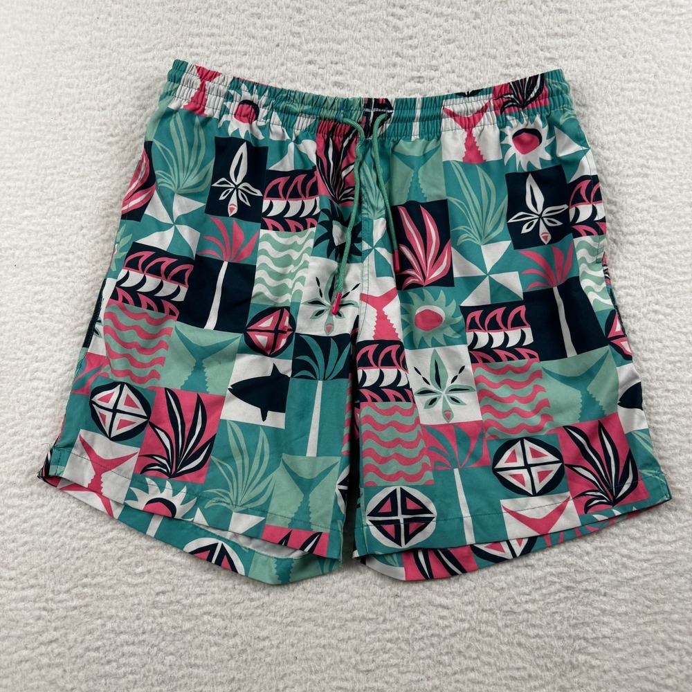 Rsvlts Swim Trunks Mens Large Green Tiki Retro Geometric Logo Stretch Surfing